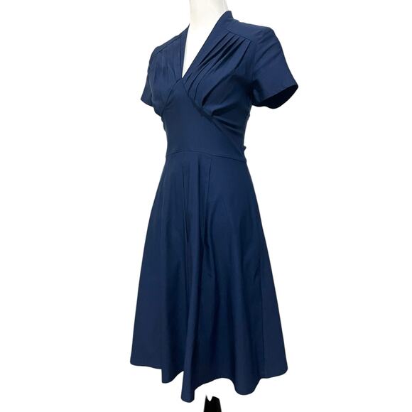 Miss Lulo Dress Navy Blue Midi Fit & Flare Pleated Short Sleeve Stretch Womens L - Picture 3 of 9
